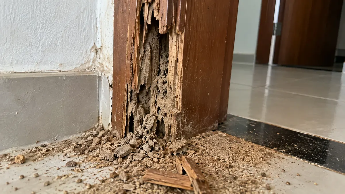 Batente de porta destruído por cupim, com serragem acumulada no chão