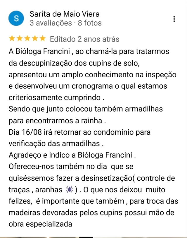 Avaliação de Sarita de Maio Viera no Google sobre a descupinização de cupins de solo feita pela bióloga da Botanea