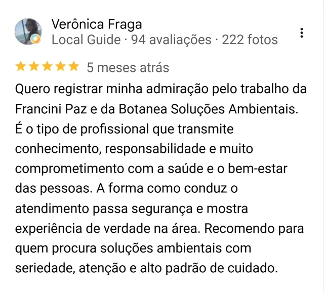 Avaliação de Verônica Fraga no Google sobre o comprometimento da Botanea com a saúde e o bem-estar das pessoas