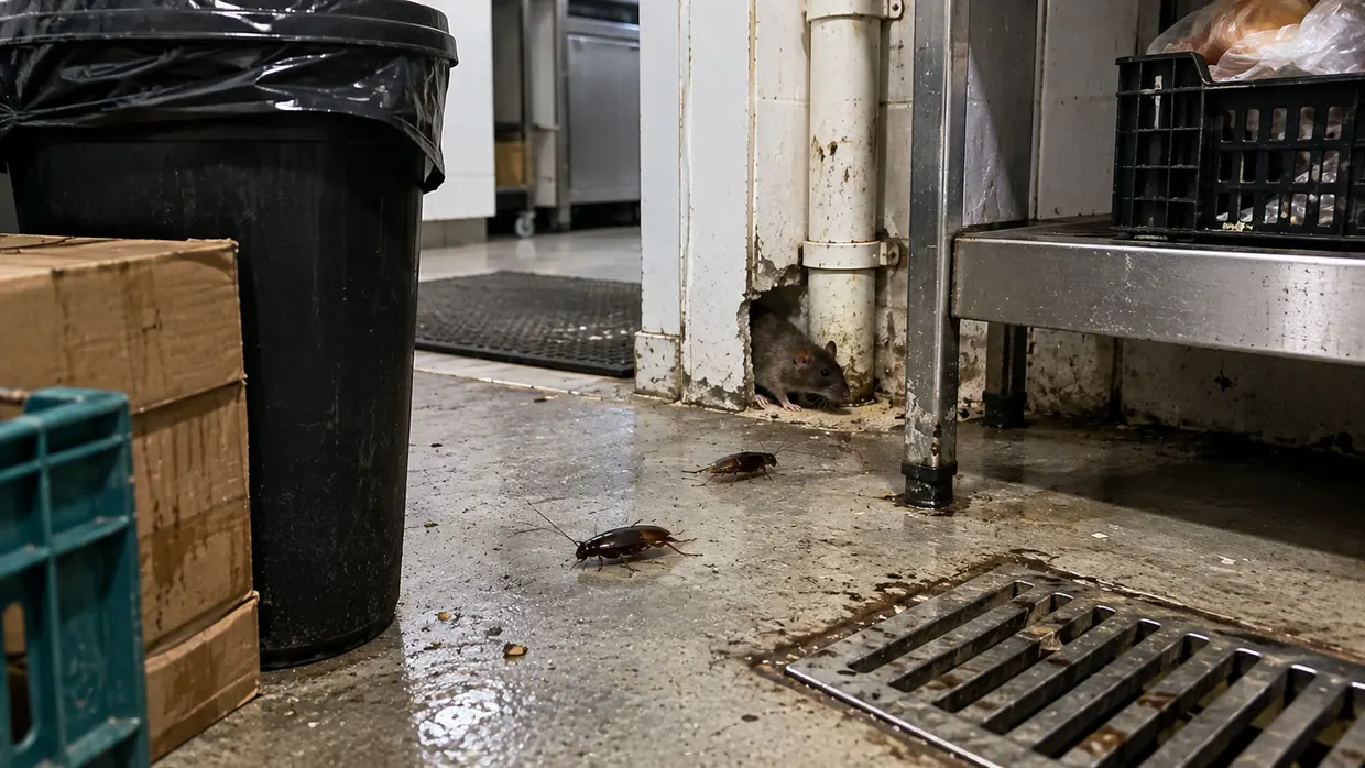 Rato e baratas em área de depósito comercial — pragas urbanas atendidas pela Botanea